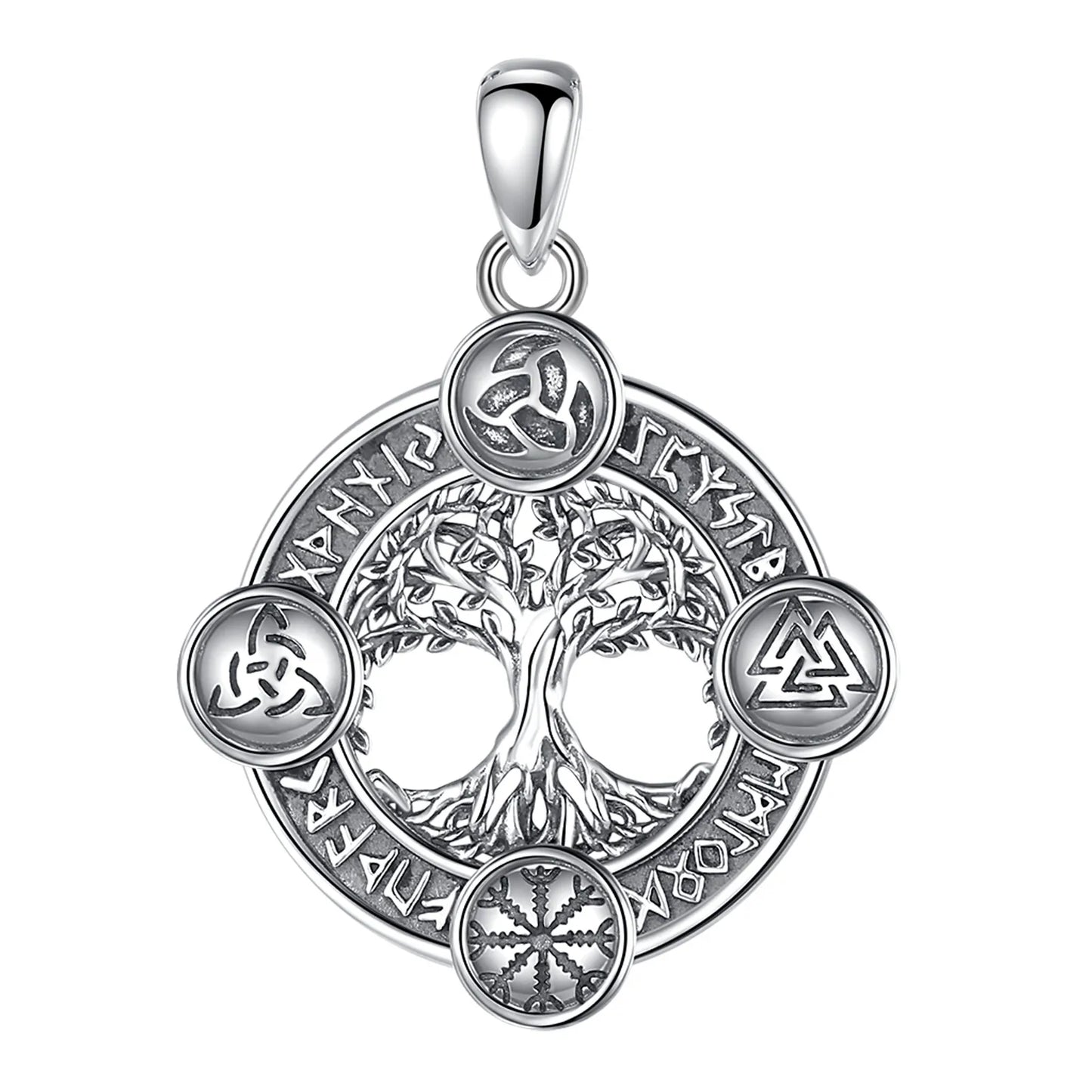 Viking szimbólumokkal ellátott ezüst medál - (Yggdrisil - Világfa), Walknut, Aegishjalmur, TriskeleElder Futhark rúnákkal körülvéve. Rendkívül erős védelmi amulett!!!