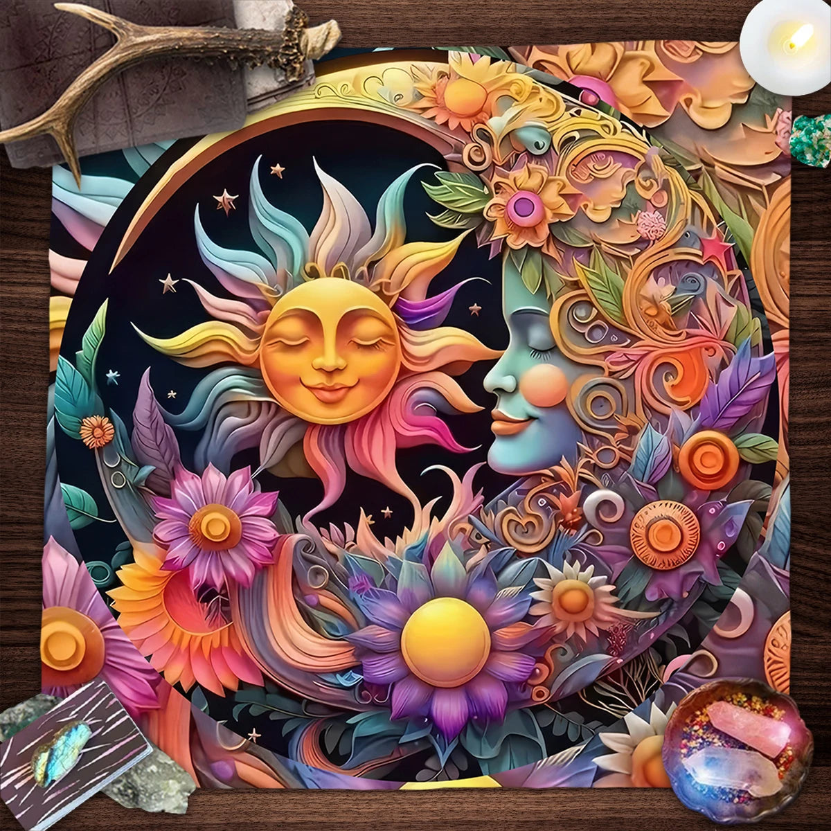 Csodálatos asztal terítő többféle spirituális motívummal Tarot kártyavetéshez, vagy egyéb szertartásokhoz