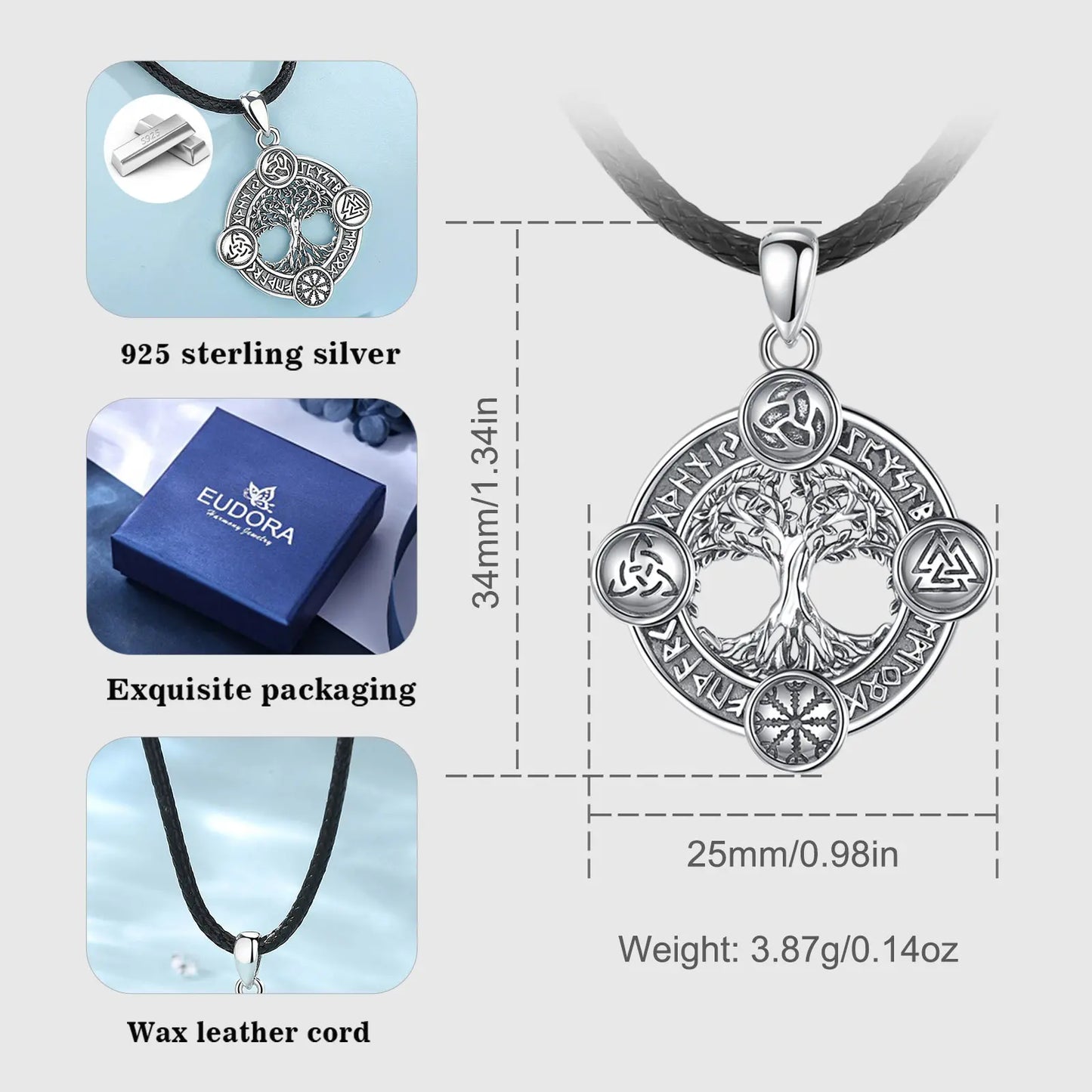Viking szimbólumokkal ellátott ezüst medál - (Yggdrisil - Világfa), Walknut, Aegishjalmur, TriskeleElder Futhark rúnákkal körülvéve. Rendkívül erős védelmi amulett!!!