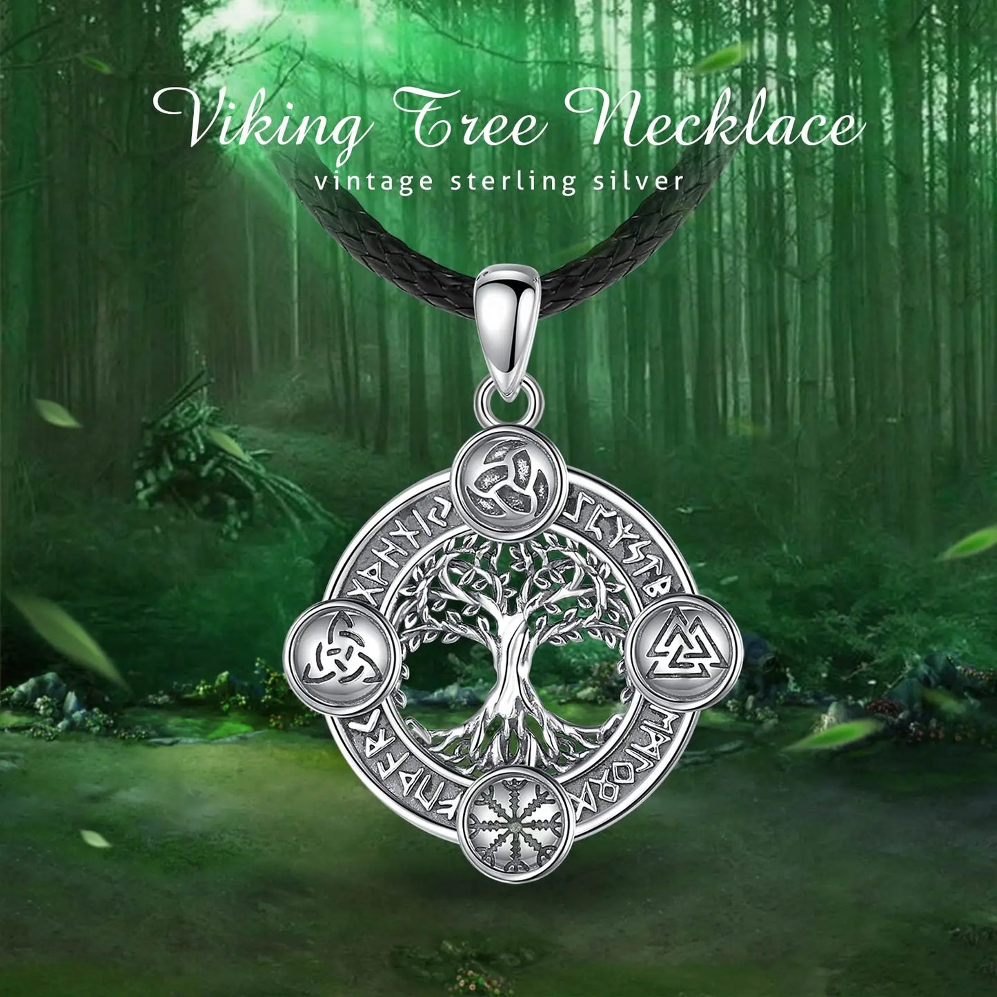 Viking szimbólumokkal ellátott ezüst medál - (Yggdrisil - Világfa), Walknut, Aegishjalmur, TriskeleElder Futhark rúnákkal körülvéve. Rendkívül erős védelmi amulett!!!