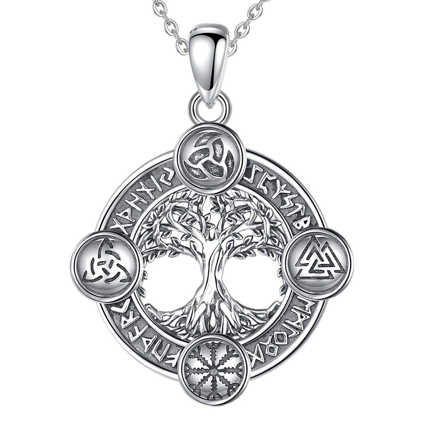 Viking szimbólumokkal ellátott ezüst medál - (Yggdrisil - Világfa), Walknut, Aegishjalmur, TriskeleElder Futhark rúnákkal körülvéve. Rendkívül erős védelmi amulett!!!