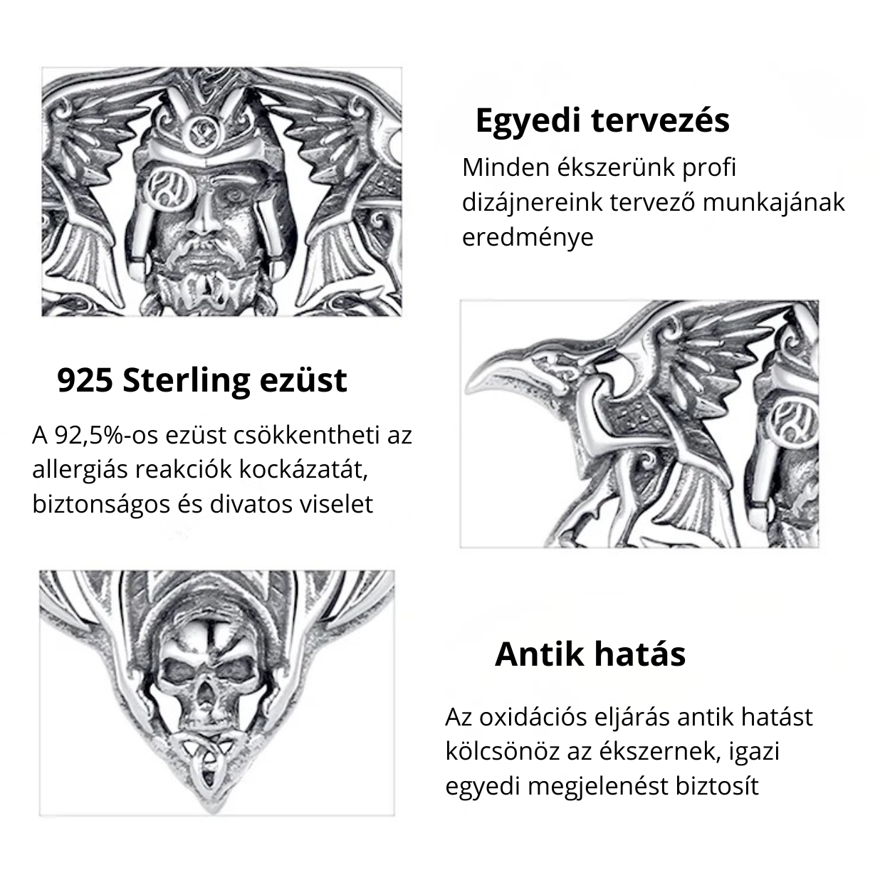 Farkasfej alakú Odin ezüst medál hollóval díszítve