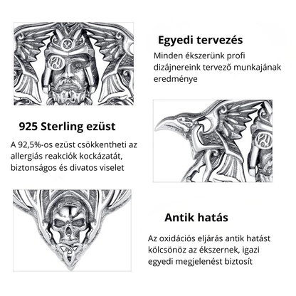 Farkasfej alakú Odin ezüst medál hollóval díszítve