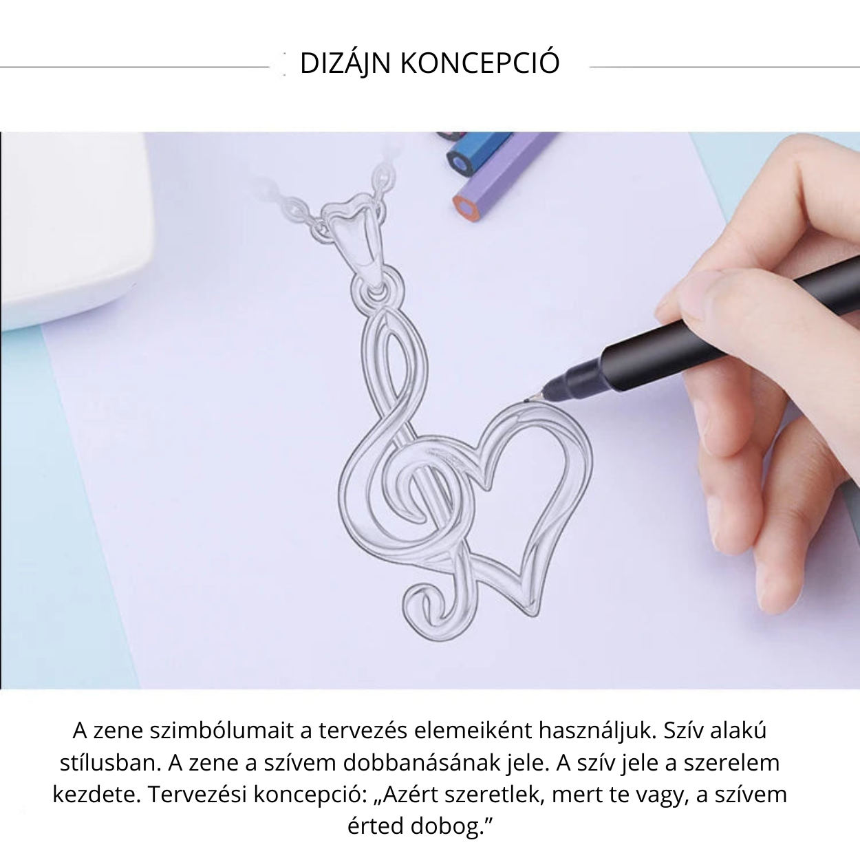 Violinkulcsot és szívet formázó 925 sterling ezüst medál