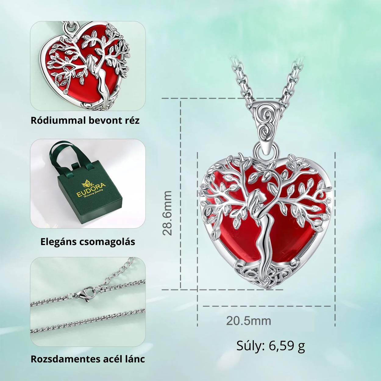 Szívbe zárt Életfa motívummal ellátott karneol nyaklánc, energetizáló gyógykő kristály medál,