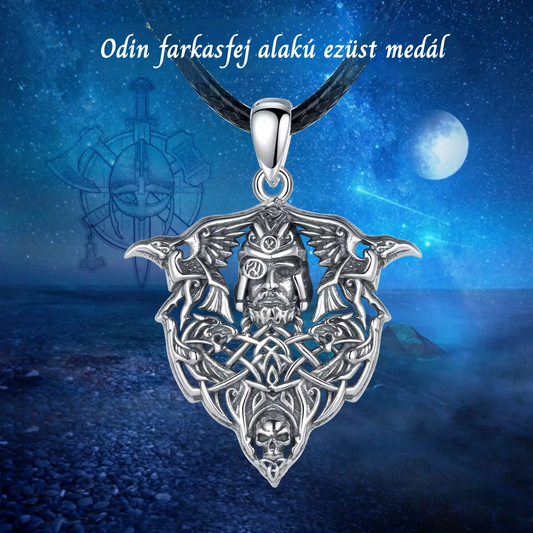 Farkasfej alakú Odin ezüst medál hollóval díszítve