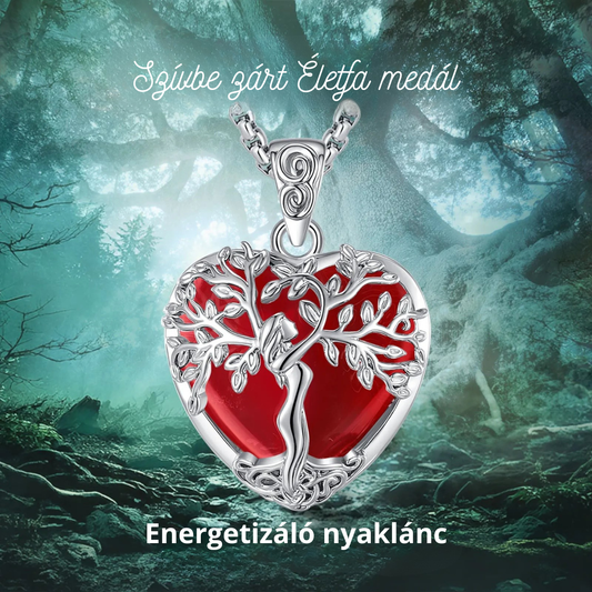 Szívbe zárt Életfa motívummal ellátott karneol nyaklánc, energetizáló gyógykő kristály medál,