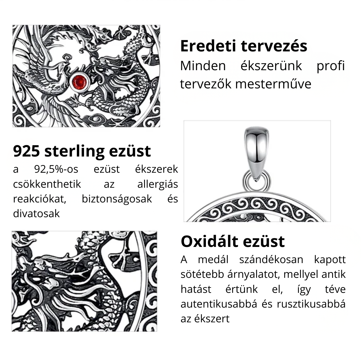 Főnixet és Sárkányt ábrázoló cikrónium kővel díszített ezüst medál
