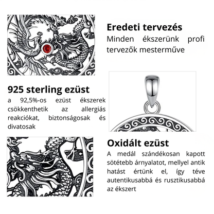 Főnixet és Sárkányt ábrázoló cikrónium kővel díszített ezüst medál