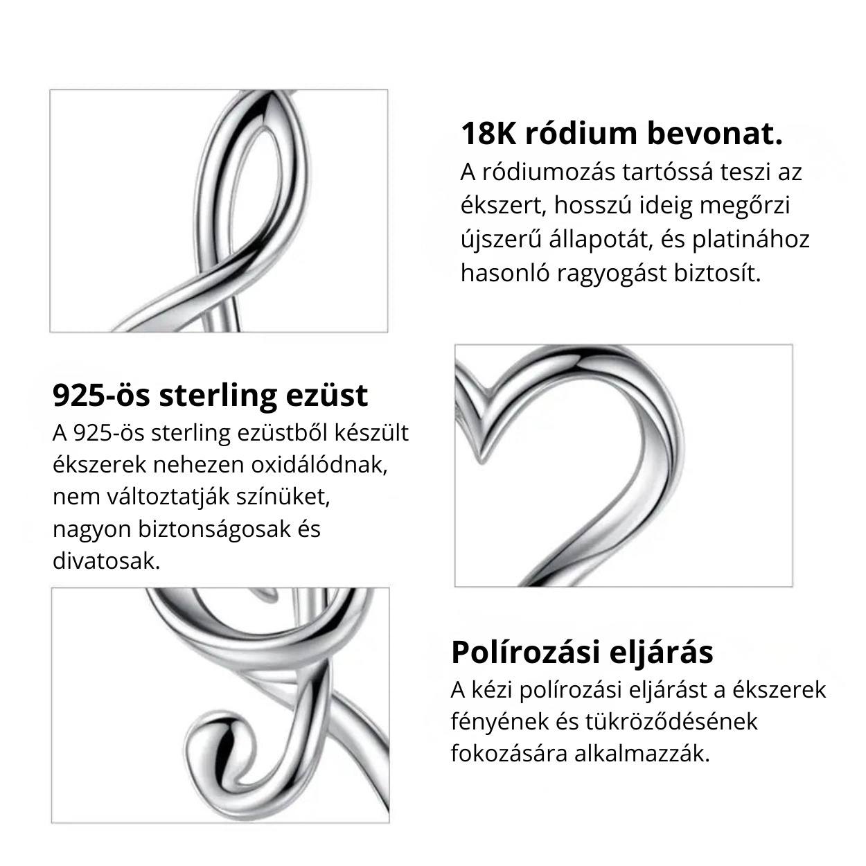 Violinkulcsot és szívet formázó 925 sterling ezüst medál