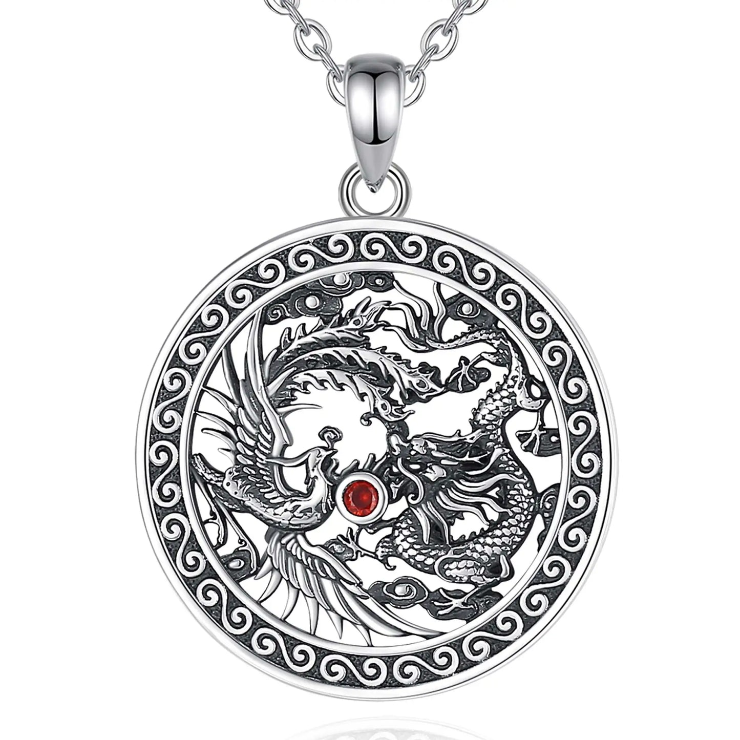 Főnixet és Sárkányt ábrázoló cikrónium kővel díszített ezüst medál