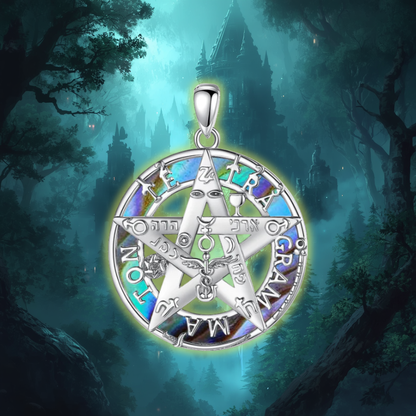 Tetragrammaton Pentagram Medál – 925 Sterling Ezüst, Abalone Kagylóberakással